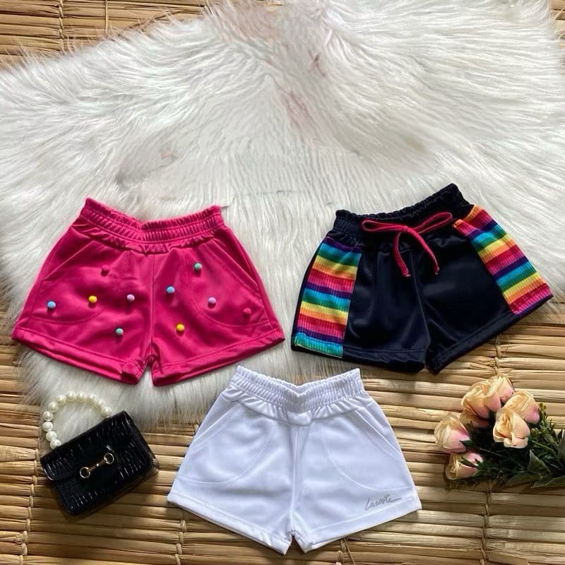 Kit com 3 Shorts Infantis Feminino (SORTIDOS) em Cores e Estampas variadas. (Tamanhos do 1 ao 10 Anos)