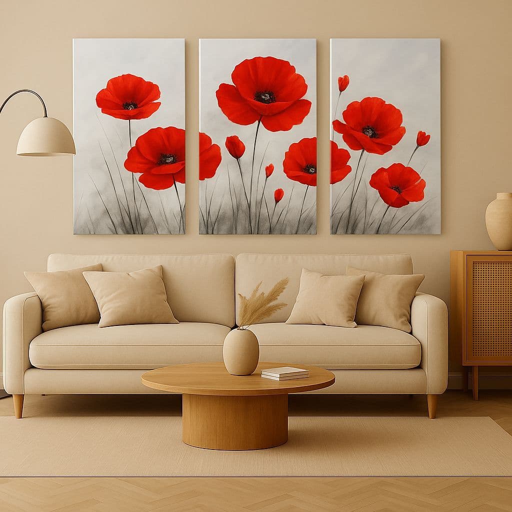 Kit 3 Quadros Decorativos Flores Vermelhas