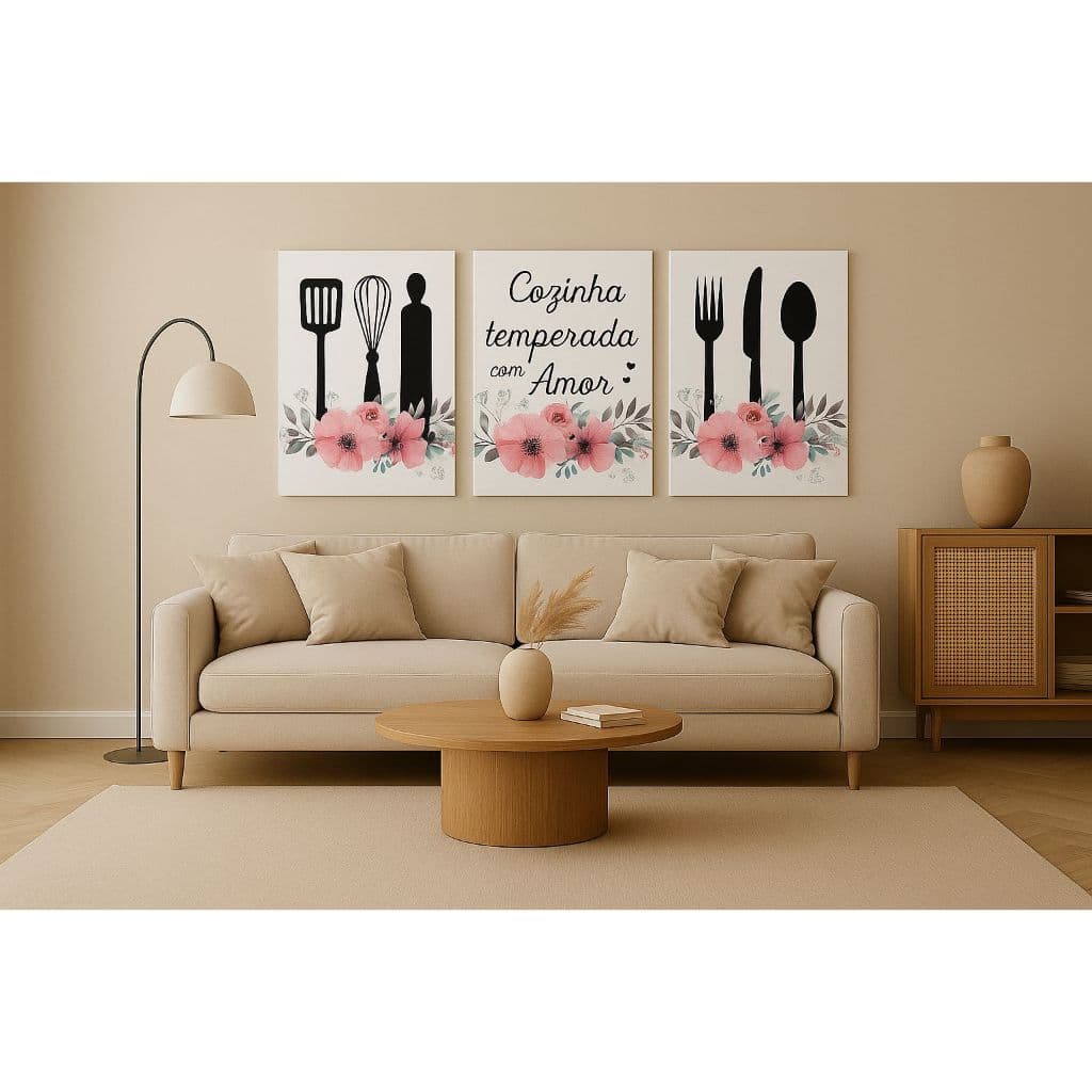 Kit Quadros Cozinha Temperada com Amor – 3 Peças – Floral