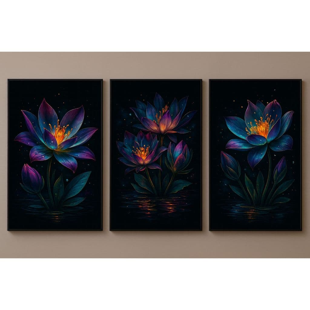 Kit 3 Quadros Decorativos Flor de Lótus – Arte Elegante, Moderna