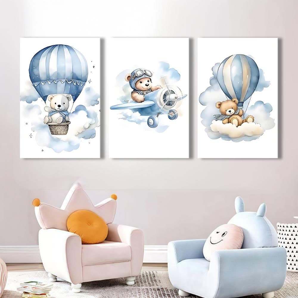 KIT 3 Quadros Decorativos Ursos Avião Balão Nuvens Quarto Bebê Azul Claro sem Moldura​
