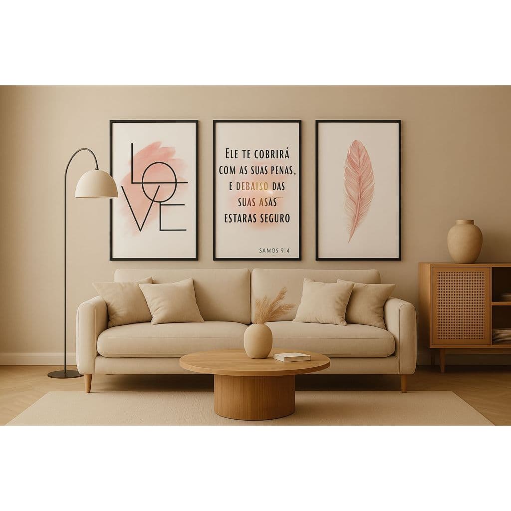 Kit 3 Quadros Minimalistas – LOVE, Salmos 91:4 e Pena