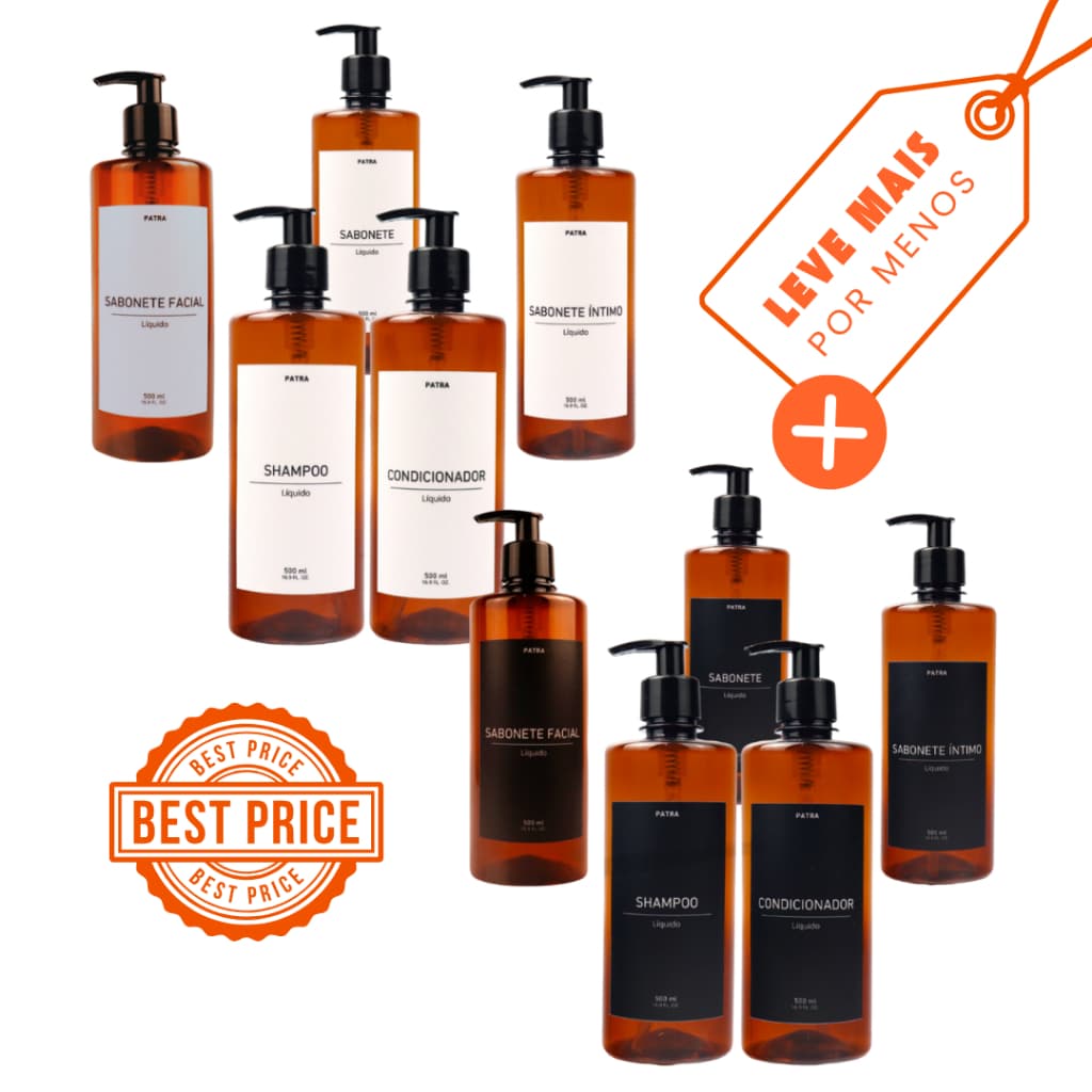 2 Kits Banho Frasco Âmbar 5pçs Shampoo Condicionador Sabonete líquido Sabonete íntimo e Sabonete facial Dispenser Cil.
