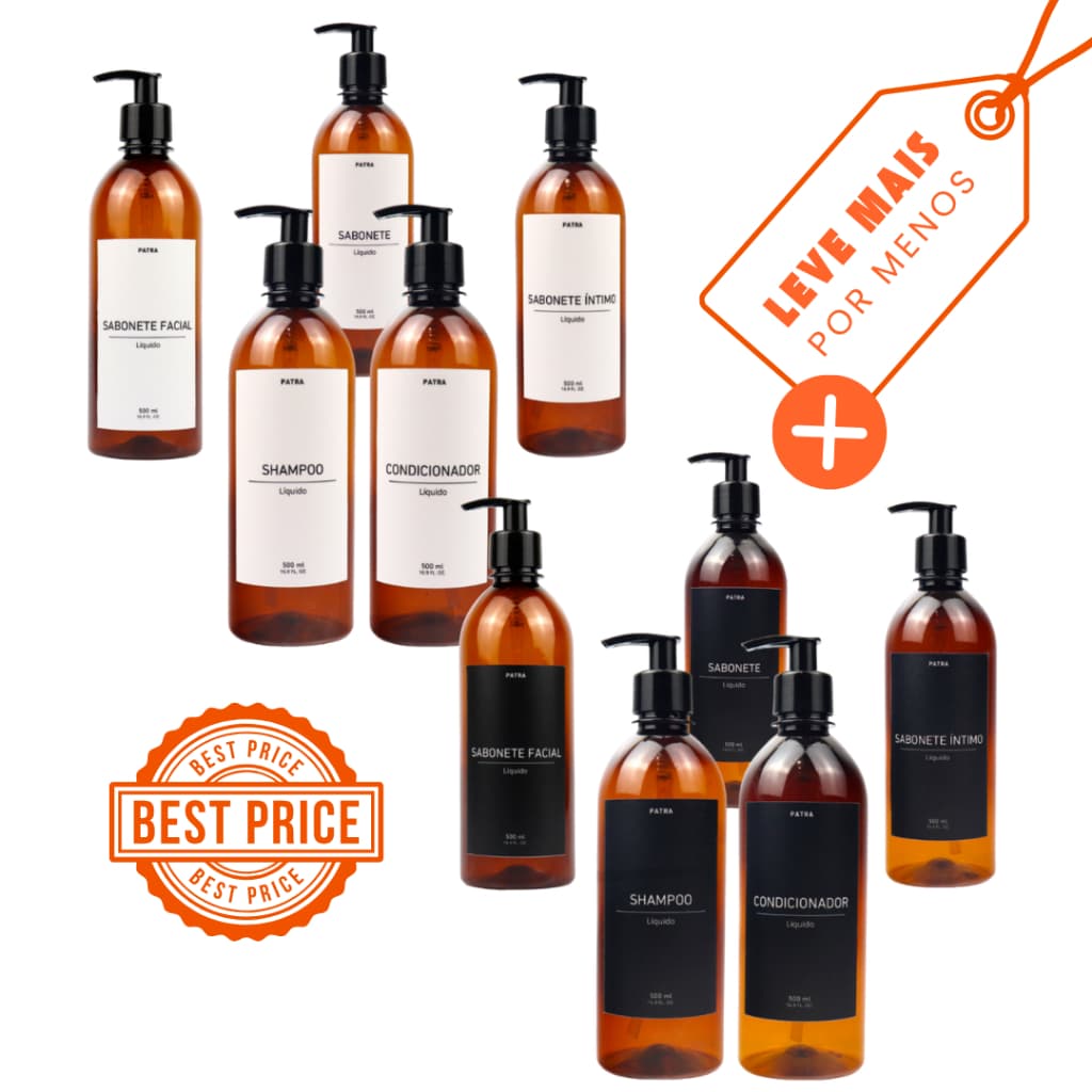 2 kits Banho Frasco Âmbar 5pçs Shampoo Condicionador Sabonete líquido, íntimo e facial 500ml Caçula