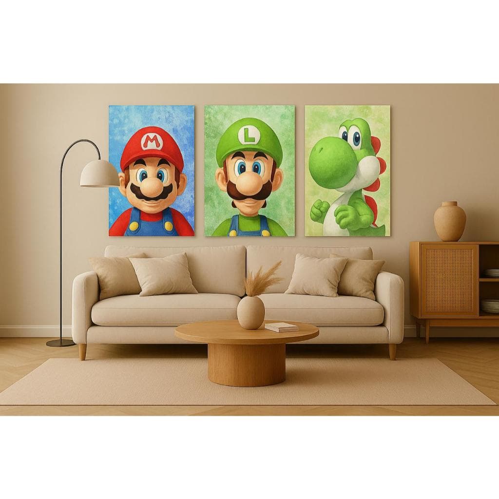 Kit 3 Quadros Mario, Luigi e Yoshi – Arte Colorida