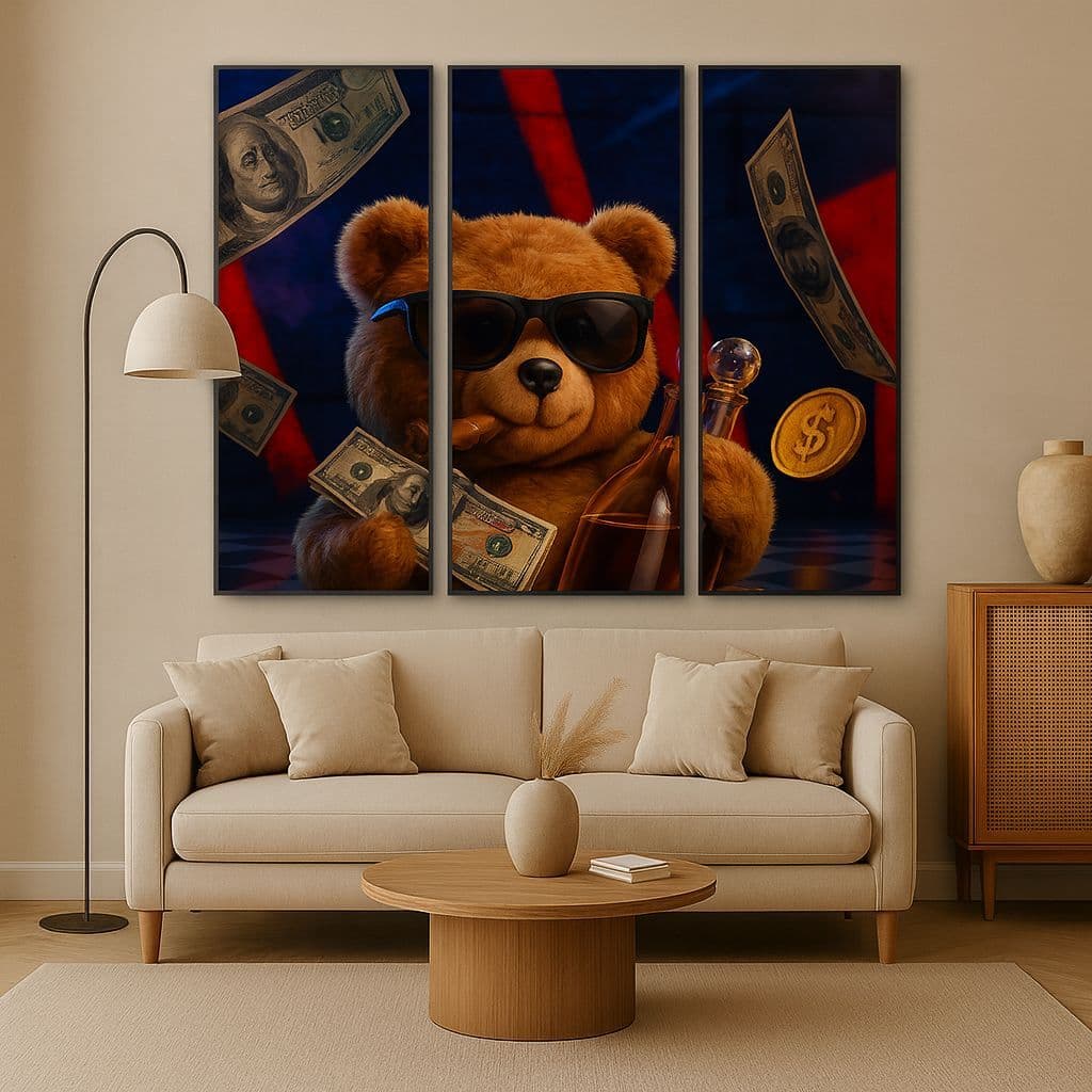 Kit 3 Quadros Urso VIP – Arte Premium com Dinheiro e Bebida