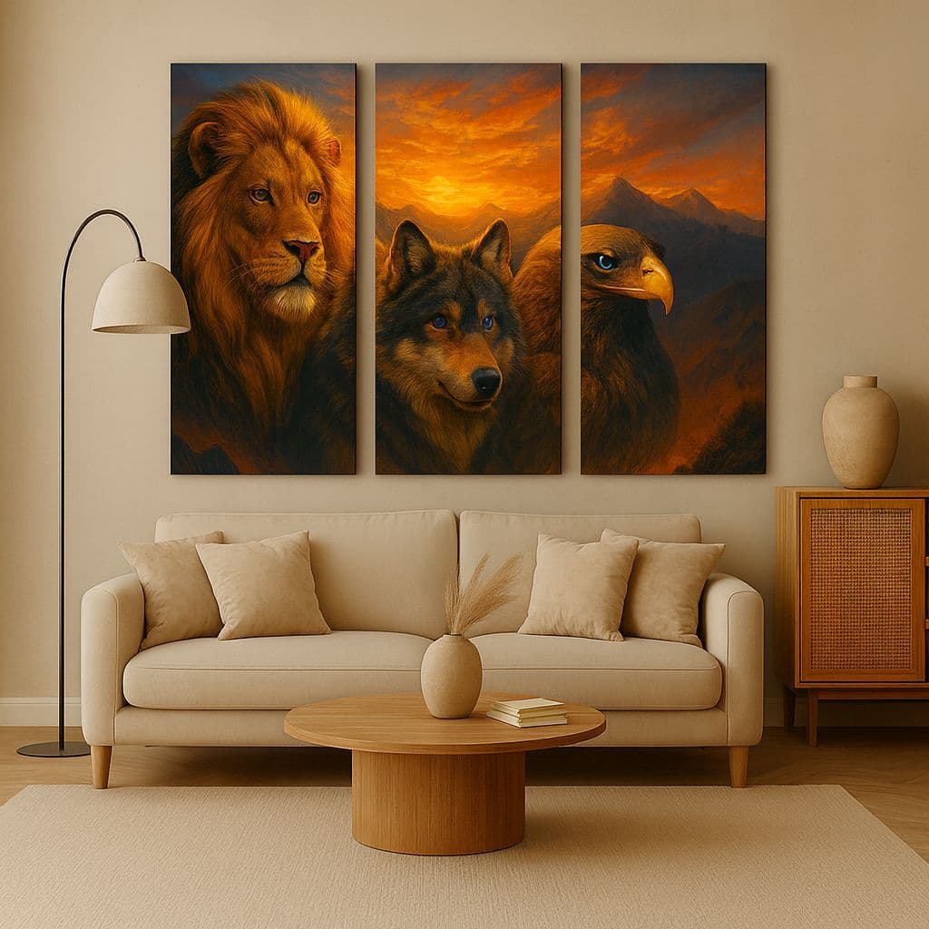 Kit 3 Quadros Montanhoso – Leão, Lobo e Águia em Arte Premium