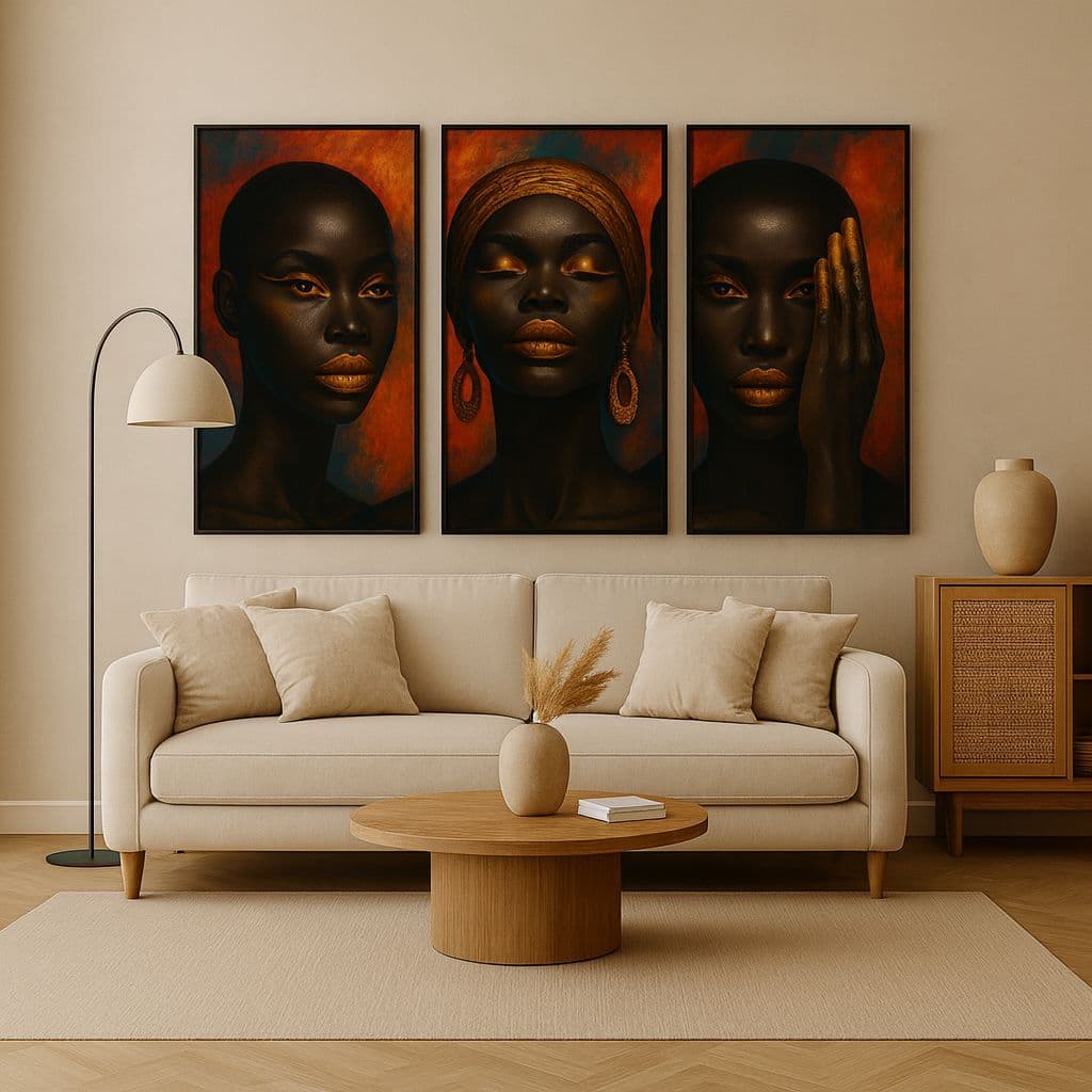 Quadro Triplo Beleza Negra – Arte Vibrante em Alta Resolução