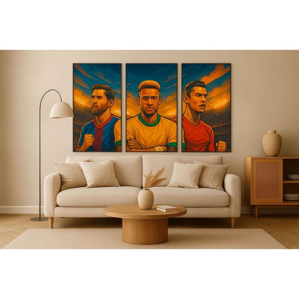 Quadro Decorativo 3 Peças Futebol – Messi, Neymar e CR7
