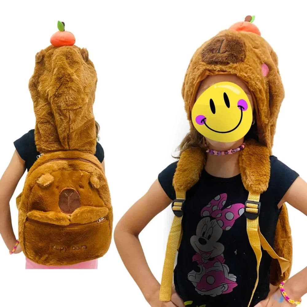 Mochila Pelucia com touca Capivara Divertida Bolsa Passeios Escolar Crianças Infantil Varios Modelos Kawaii Fofa Animal
