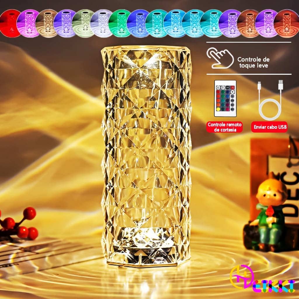 Luminária De Mesa Cristal Led Recarregável Sem Fio Controle Toque Com 16 Cores De Luz Projetor