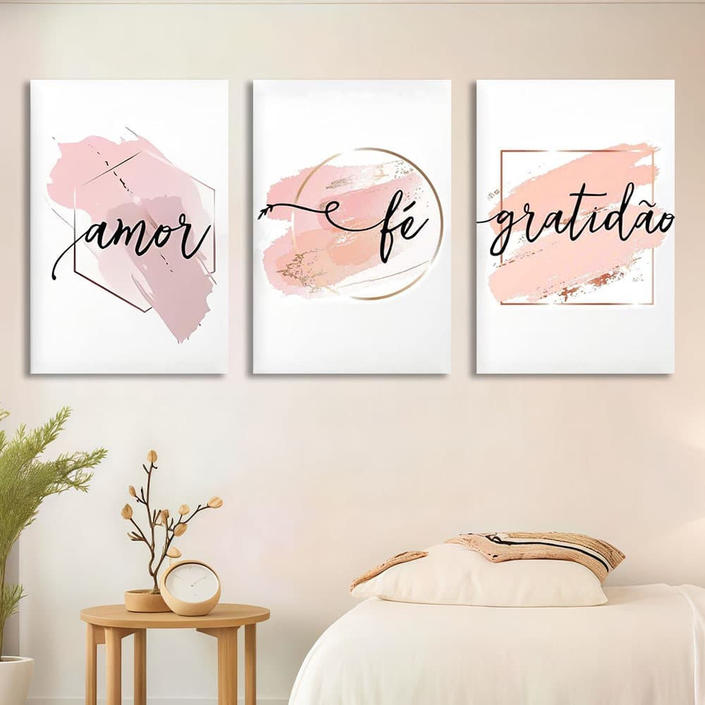 Quadros Decorativo de Parede Mosaico Amor Fé e Gratidão Branco e Rosa Colorido Grande Sala Quarto
