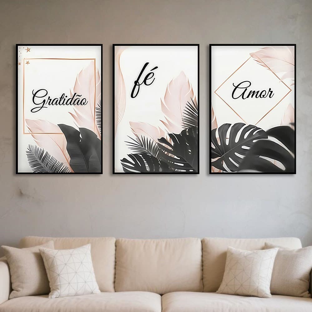 Quadros Decorativo de Parede Mosaico Diferente Gratidão Fé Amor Folhas Flores Colorido Abstrato
