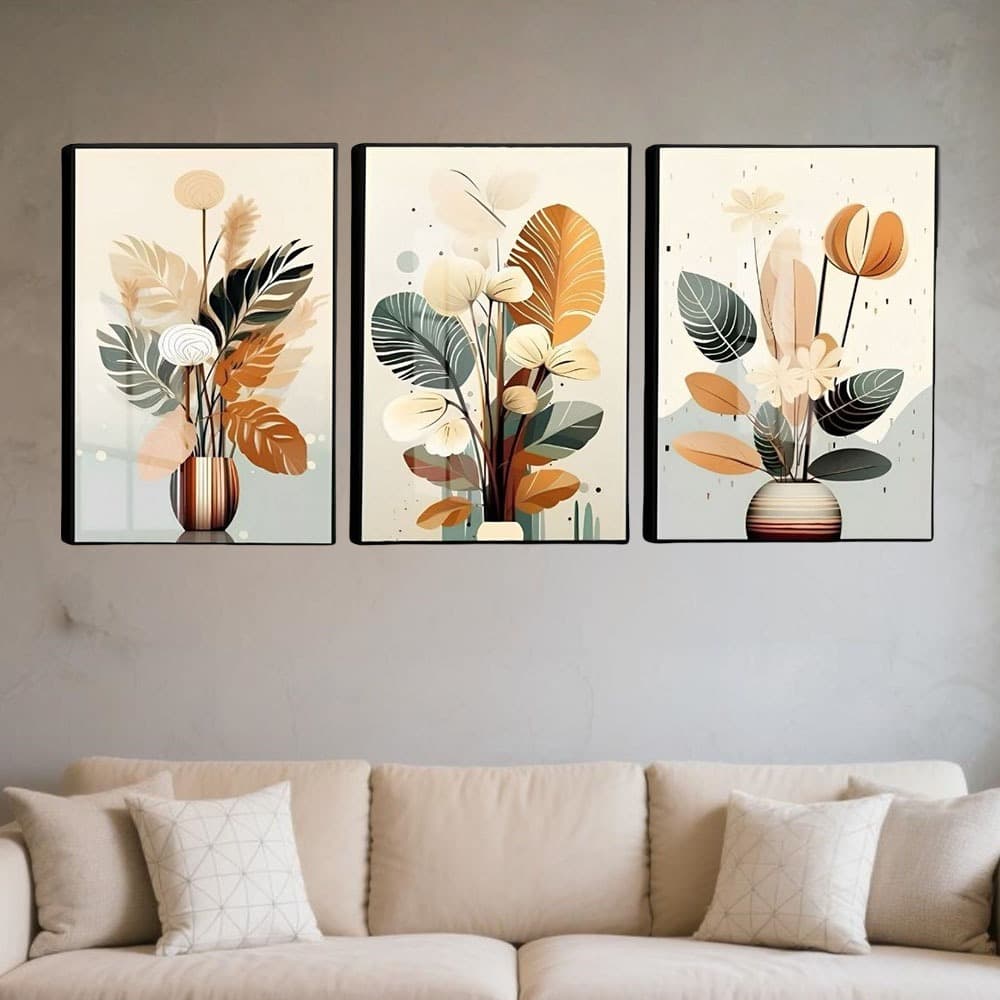 Kit 3 Quadros Decorativos Jarros com Folhagem Bege Folhas Verdes