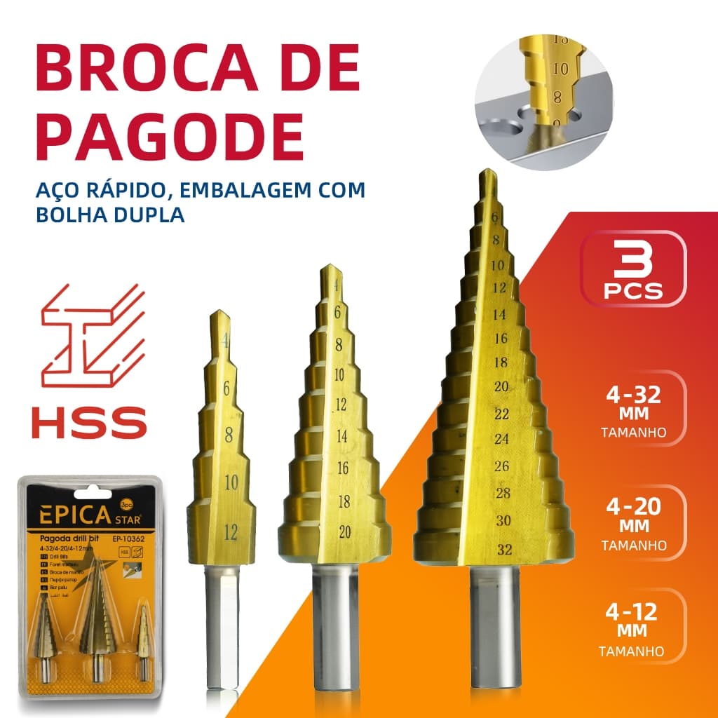 Jogo de 3 Brocas Escalonadas em Aço Titânio HSS - Conjunto de Brocas Cônicas de Alta Performance