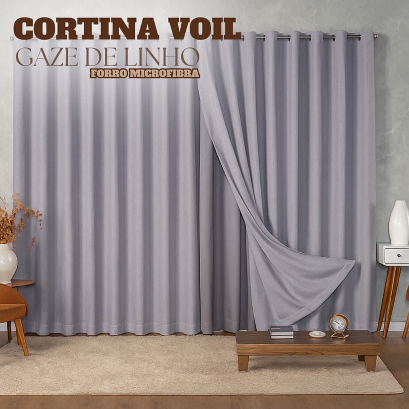 Cortina Voil Gaze de Linho 8,00 x 2,40/2,50/2,60/2,80 c/ Forro Microfibra