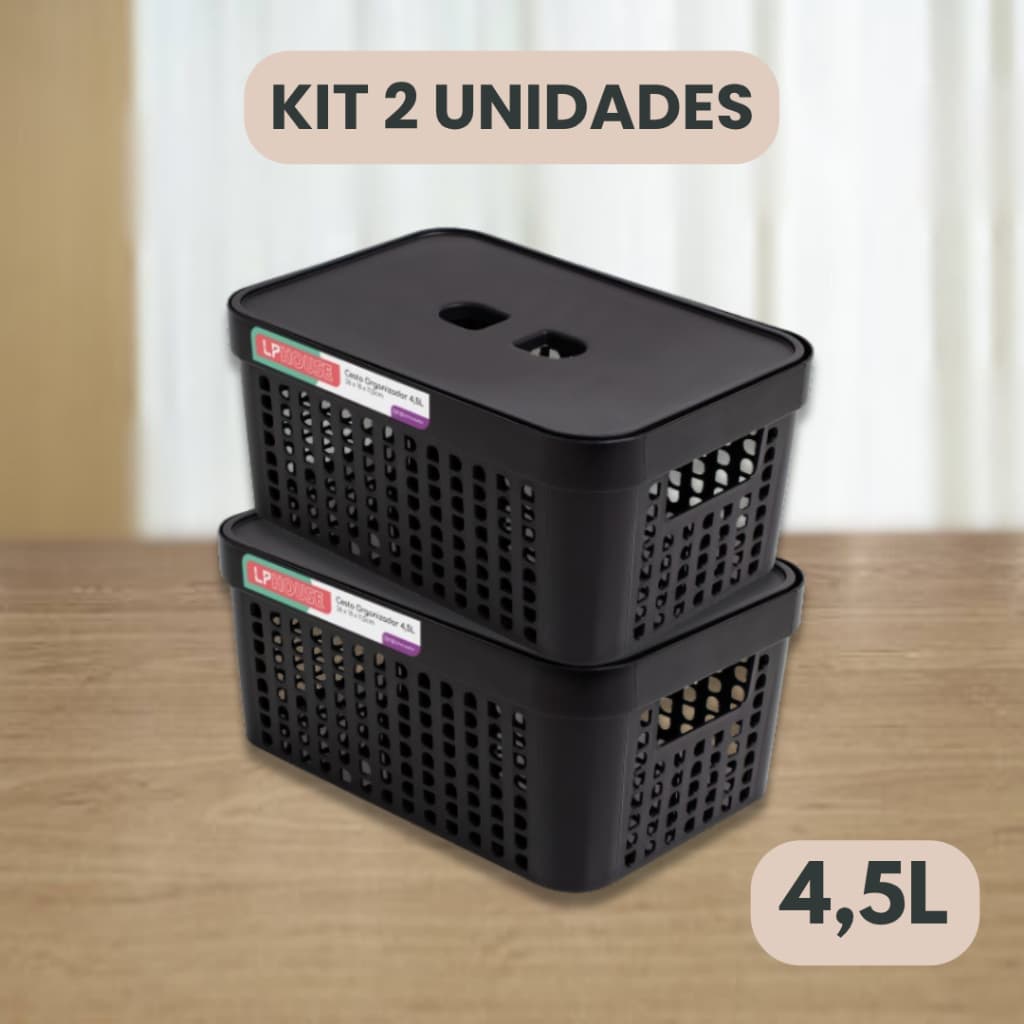 Kit 2 Cestos Organizadores c/Tampa Rattan 4,5 litros Multiuso Ideal para armário e gavetas LP HOUSE