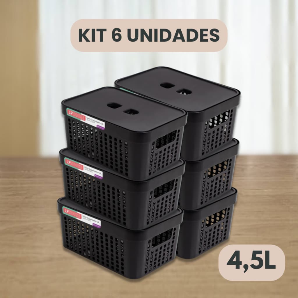 Kit 6 Cestos Organizadores c/Tampa Rattan 4,5 litros Multiuso Ideal para armário e gavetas LP HOUSE