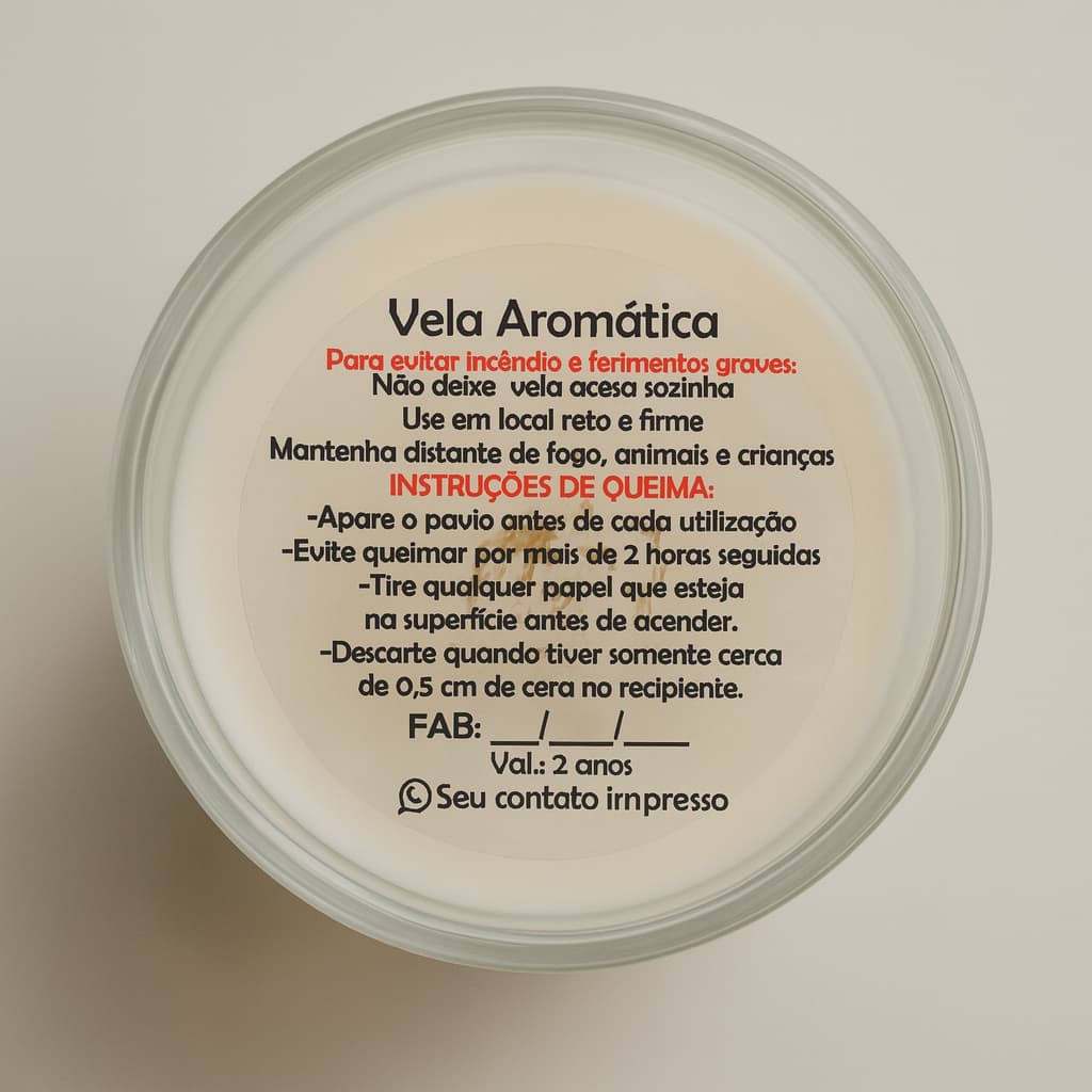 Adesivo de Segurança para Vela 5cm Personalizado com Contato • Vinil • Fundo Branco ou Transparente