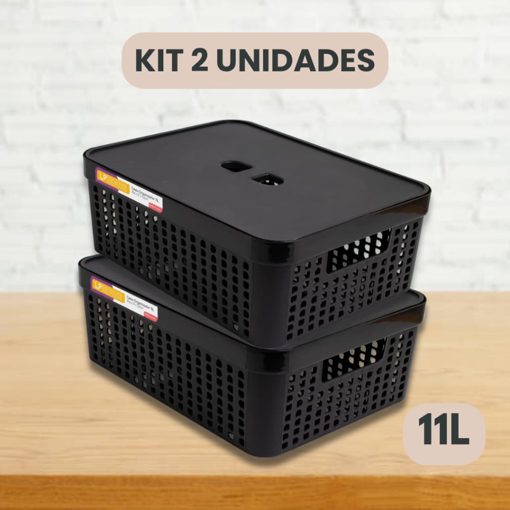Kit 2 Cestos Organizadores c/Tampa Rattan 11 litros Multiuso Ideal para armário e gavetas LP HOUSE