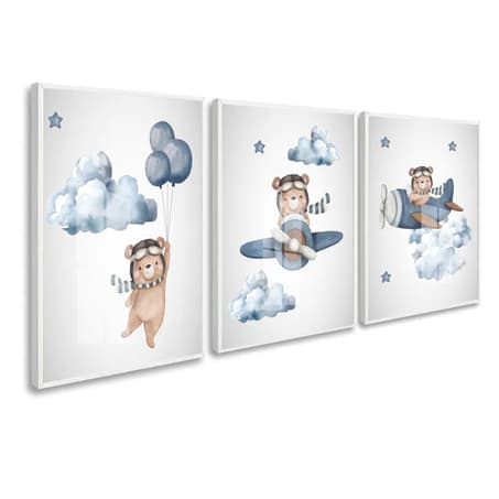 QUADROS DECORATIVOS URSINHO AVIADOR INFANTIL QUARTO DE BEBE AZUL 3 PEÇAS