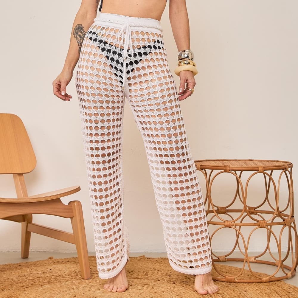 Calça Saída de Praia Pantalona Tricô Vazado com Amarração Feminina