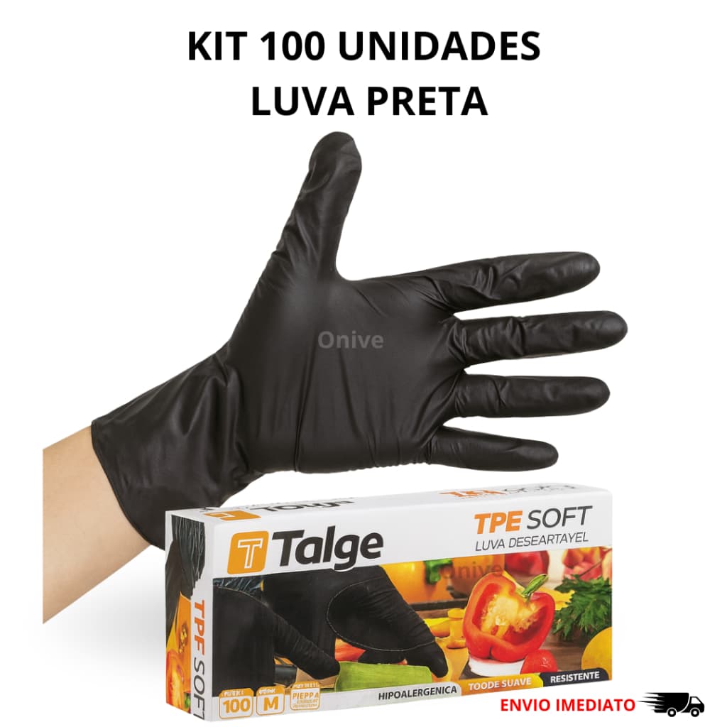 Luva Viniflex Preta Descartável Sem Pó TPE 100 Unidades Resistente Para Limpeza Cuidados e Alimento