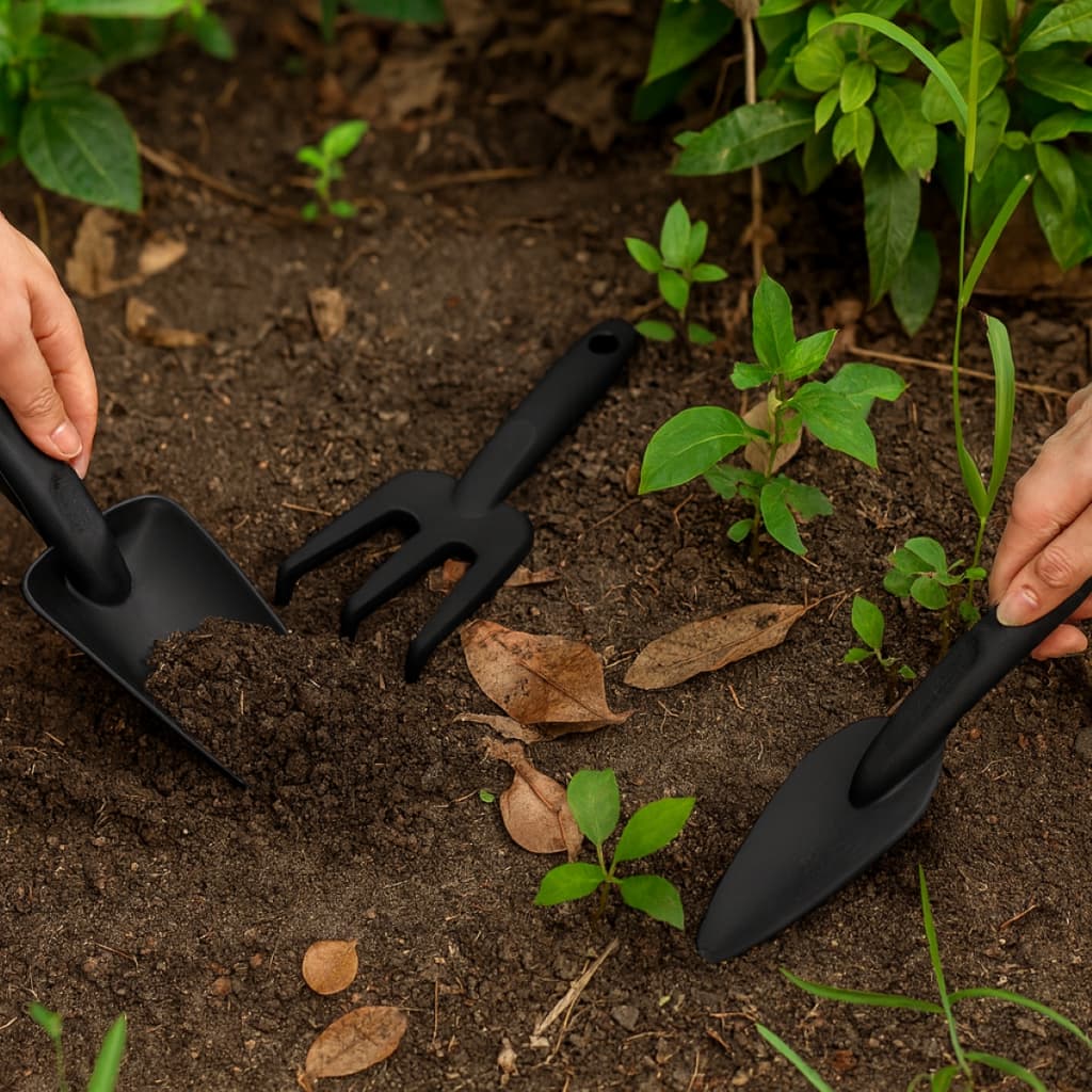 Conjunto de Jardinagem com 3 Peças Pá Rastelo Pazinha Para Vasos Canteiros e Hortas