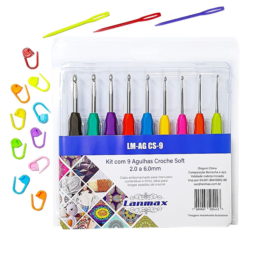 Kit Agulhas Crochê Soft Cabo Emborrachado - 9 Unid 2 A 6 Mm + 10 Marcador Ponto + 3 Agulhas De 7 Cm
