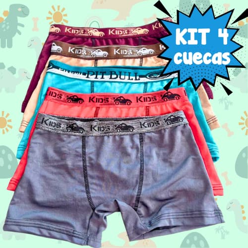 Kit 4 Cuecas Boxer Infantil Box Lisas de Microfibra Cores Variadas Menino
