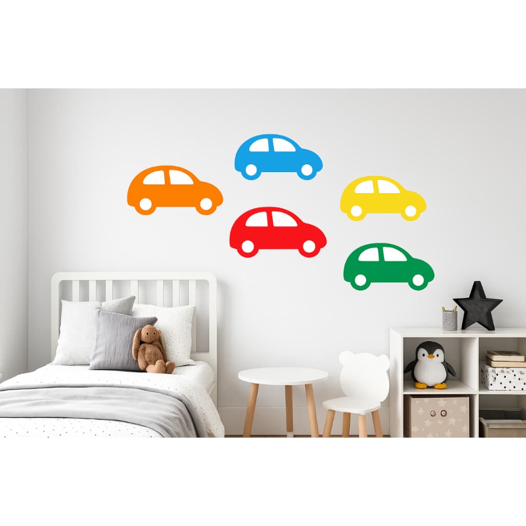 Adesivo de Parede Infantil Carrinhos Coloridos – Kit com 5 Unidades (vermelho, azul, verde, amarelo e laranja)