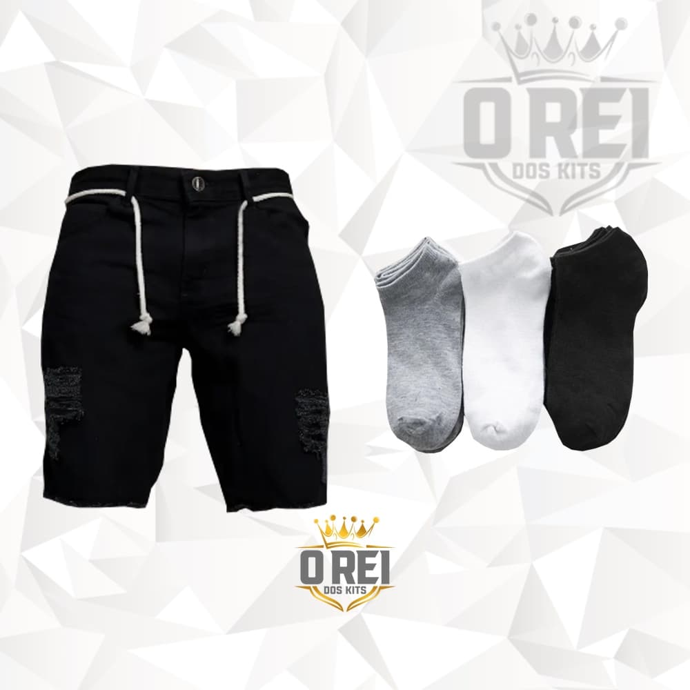 Bermudas jeans Moda masculina jeans Alta Qualidade Modelo Rasgada Shorts Premium + Par de Meia