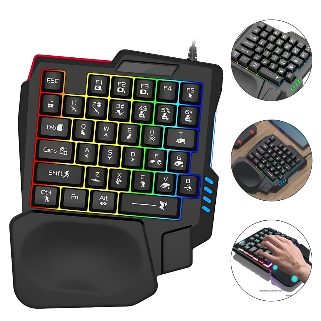 Teclado Gamer Single Hand RGB Profissional Anti Ghosting Com Almofada de Pulso 36 Teclas Uma Mão