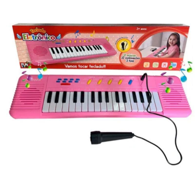 Teclado piano infantil com microfone musical