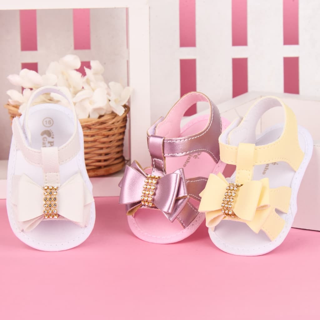 Sandália Infantil Bebê Sapatinho Menina Kids Menino com Laço Detalhe de Strass Ajuste de Velcro