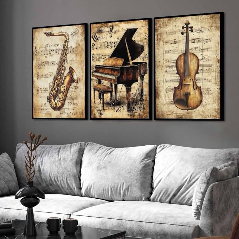 KIT 3 QUADROS DECORATIVOS MODERNOS ELEGANTES INSTRUMENTOS MUSICAIS VIOLINO PIANO E SAXOFONE DE LUXO