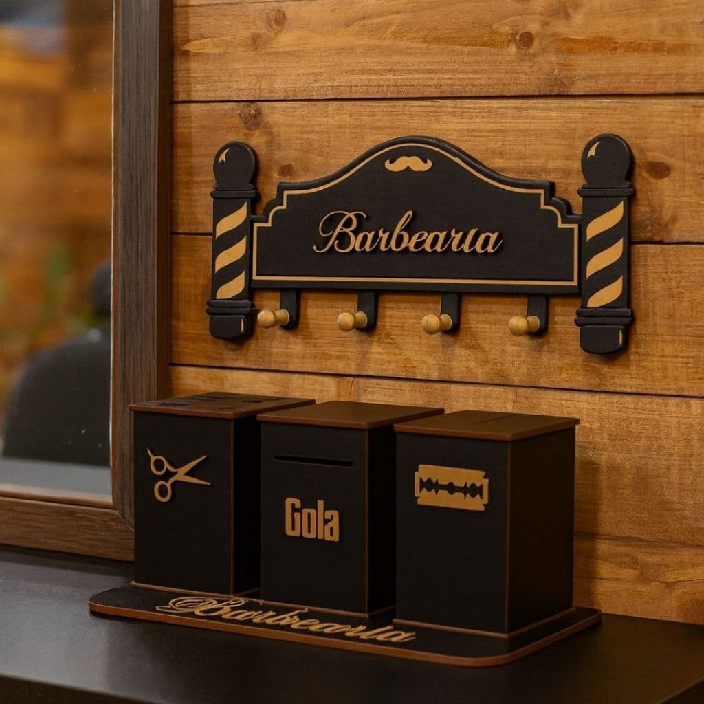 KIT Barbearia Descarte Para Lâminas + Porta Tesouras + Suporte + Cabideiro