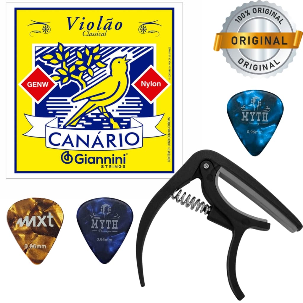 Kit Completo para Violão - Encordoamento Canario Nylon + Capotraste + 3 Palhetas