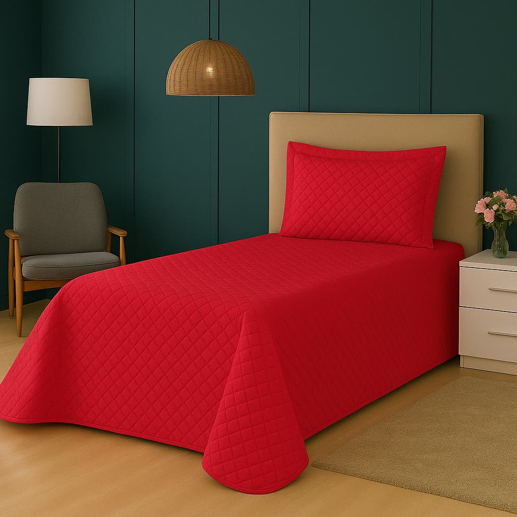 Jogo de Cama Cobre-leito Colcha 2 Peças Vermelho Matelado Solteiro Feminino Promoção