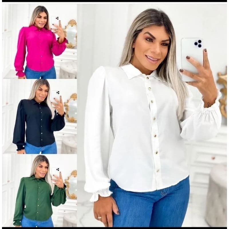 Camisa Feminina Social Botão Estilo Blogueira Tendências Super Em Moda