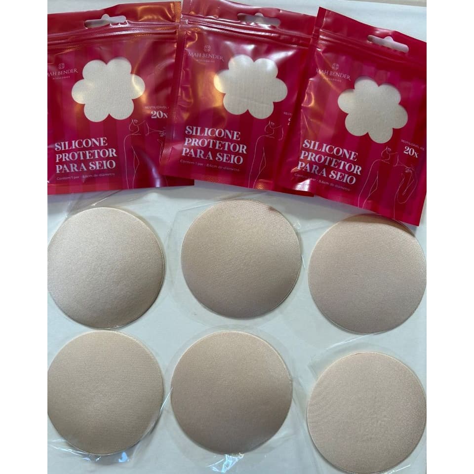Kit com 3 Pares de Protetores de Seio de Silicone Revestidos com Tecido Reutilizáveis Auto-Adesivos, Medida Aprox 8,6cm