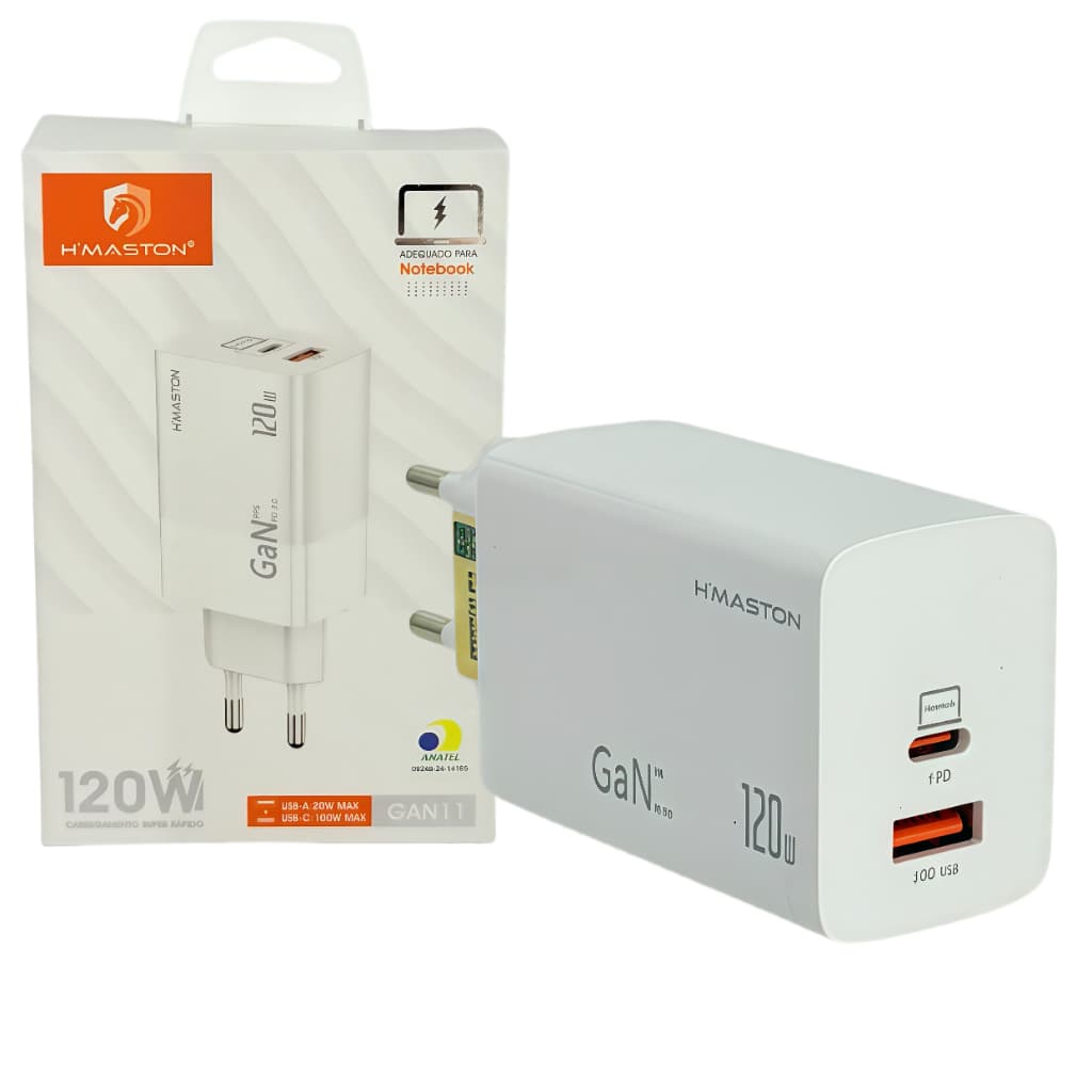 Carregador de Tomada Turbo GaN 120W Turbo USB-C+USB-A Carga Rápida