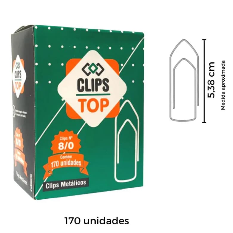 Caixa de Clips 8/0 com 170 Unidades | Aço Niquelado | Organização de Papelaria e Escritório