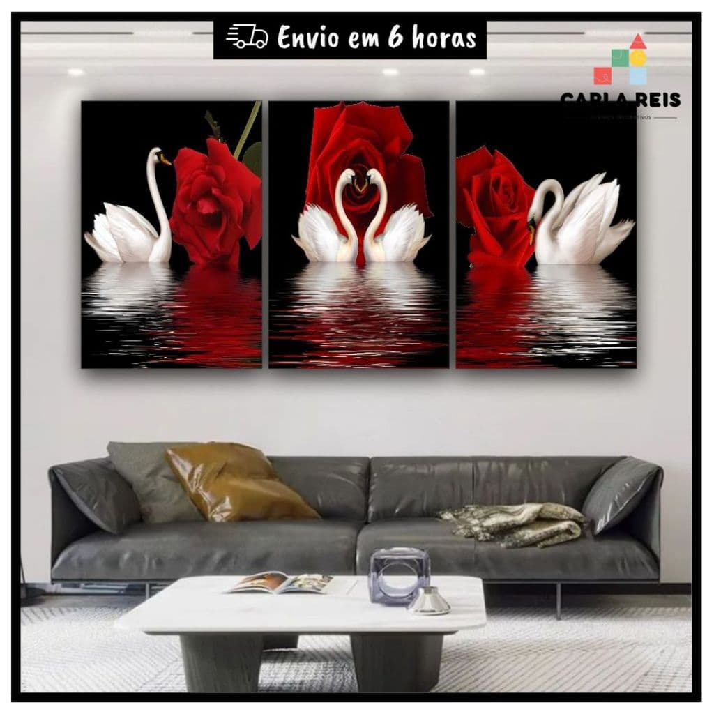 Quadros decorativos 3 peças cisnei cisneis rosa vermelha quarto sala escritório