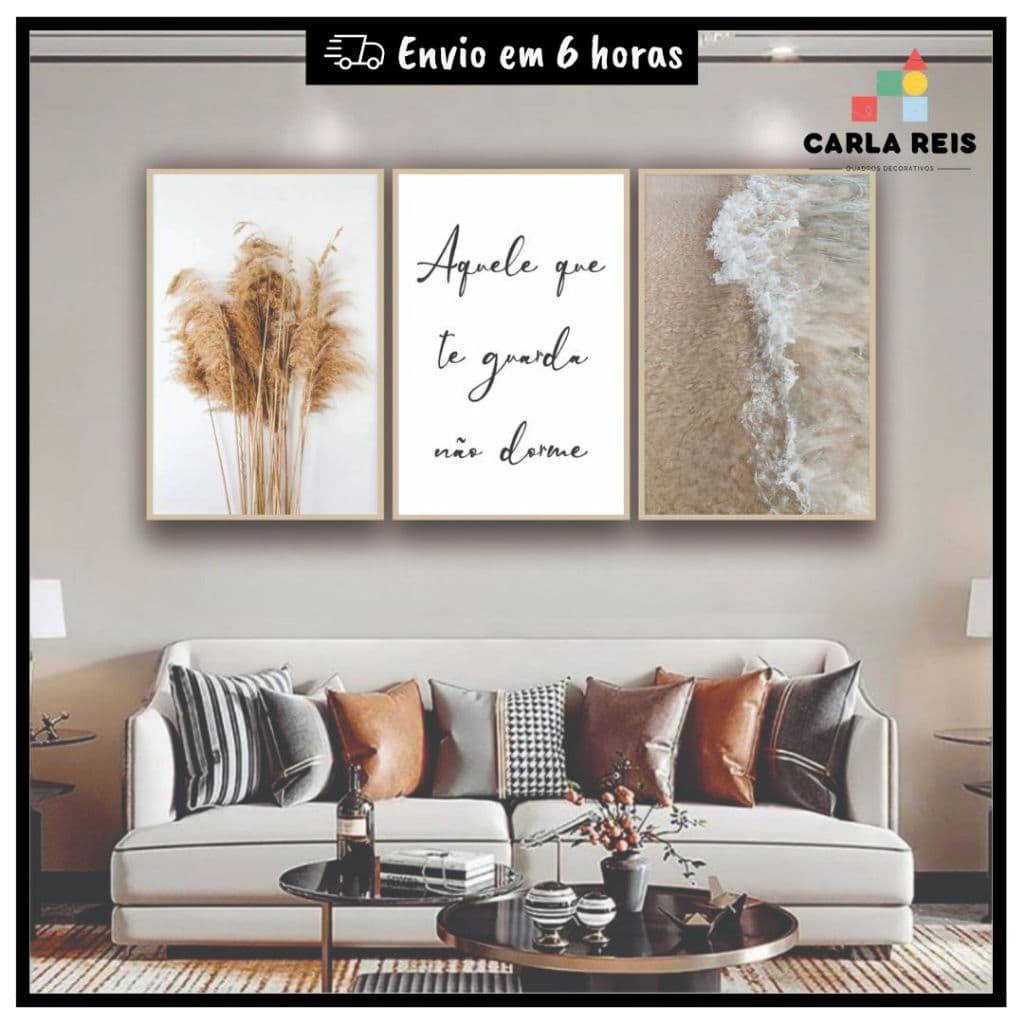 Quadros Decorativo 3 Peças Aquele Que Te Guarda Não Dorme bege mar praia sala quarto escritório