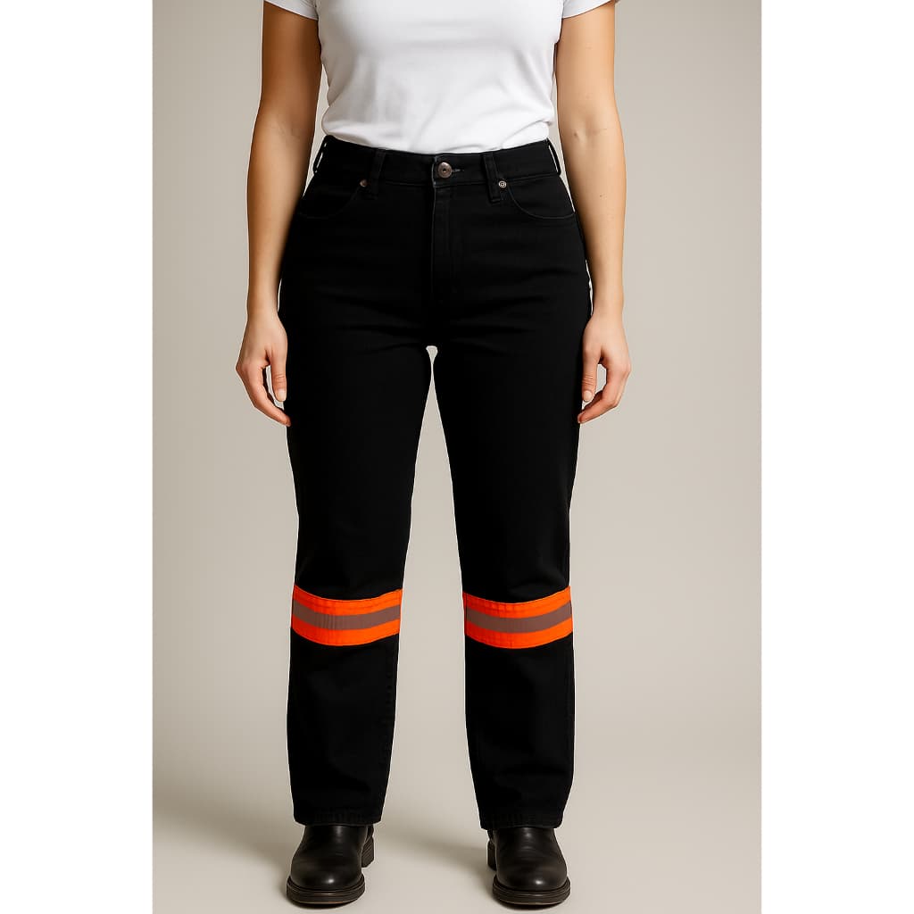 Calça Jeans Preta Feminina Listra Neon - Com Faixa Refletiva Reforçada Uniforme Trabalho