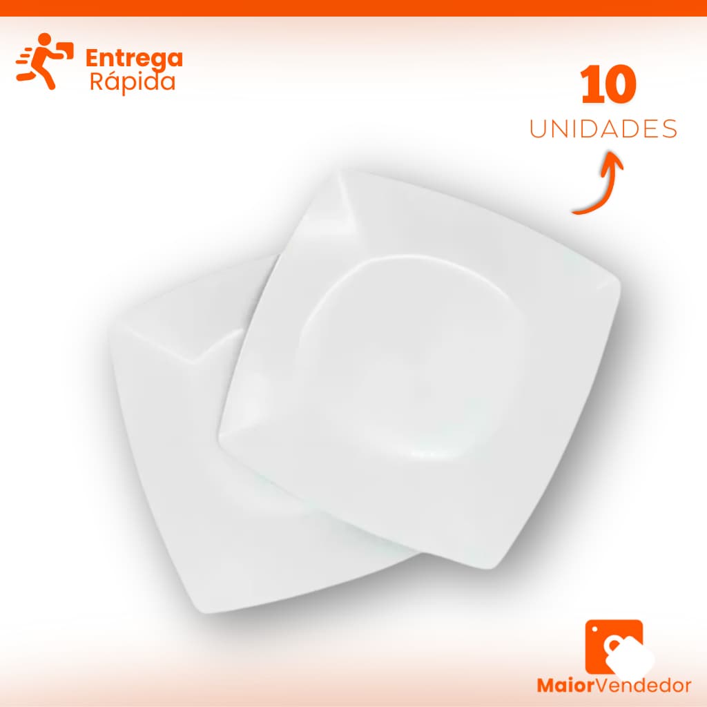 Kit 10 Pratos Quadrados Plástico Branco Refeição Lanchonete