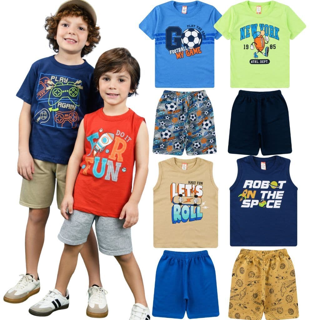 Roupa Infantil de Menino Kit 3 Conjuntos de Verão Infantil de Menino 1 ao 10 anos Envio Rápido