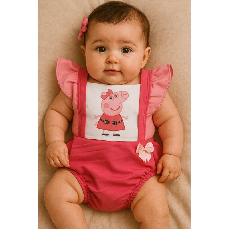 Romper jardineira body Pepa pig Mesversario fantasia temática porquinha tora pepapig