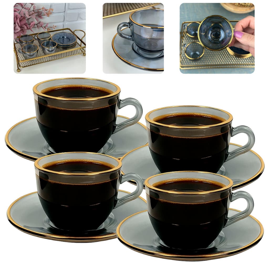 Jogo 4 Xícaras De Café Menfis 85ml Cristal C/ Pires Borda Dourada Mesa Posta Hauskraft